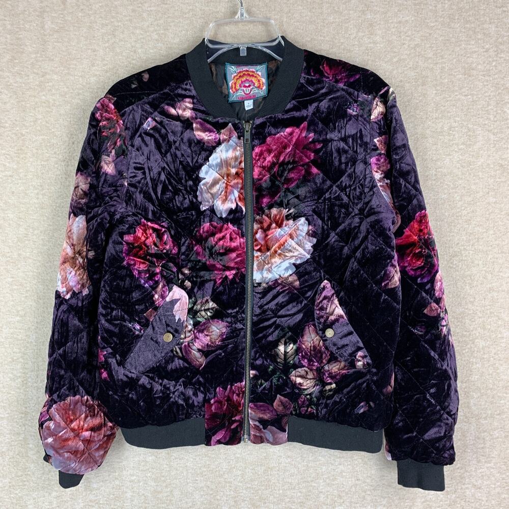 Johnny Was Floral Silk Bomber Jacket Womens S Velvet Boho Whimsi Goth Fairy